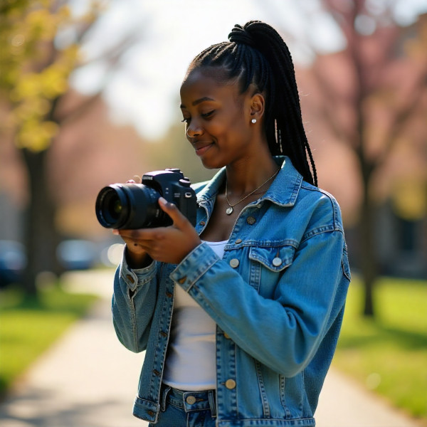 jeune femme qui apprend à utiliser son appareil photo