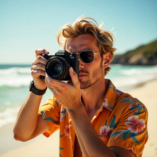jeune homme qui regarde dans son appareil photo