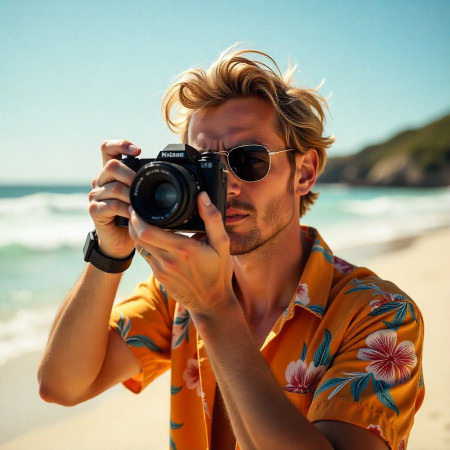 jeune homme qui regarde dans son appareil photo